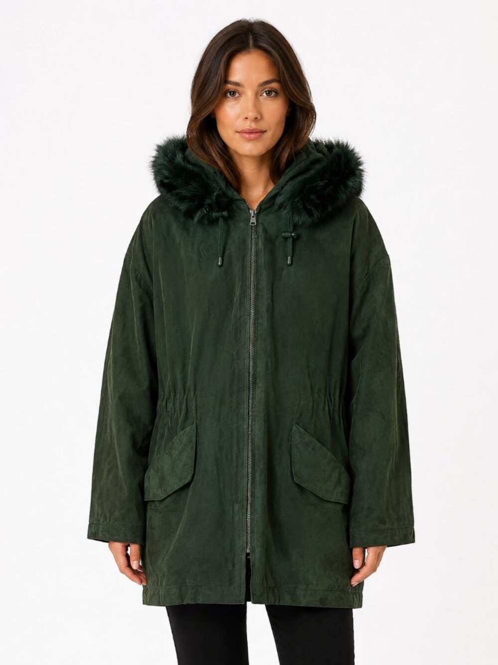 Vintage Runaway Bay Forest Green Suede Parka Coat with Real Fur Hood (Size M)
